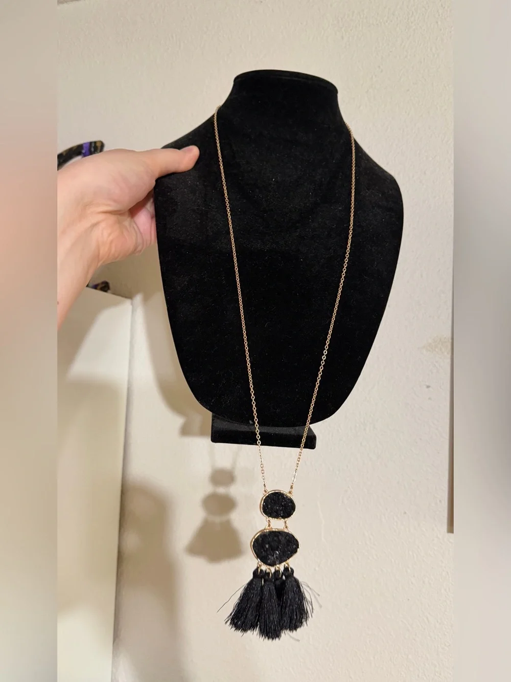Gold-Tone Necklace with Black Stones and Black Tassels